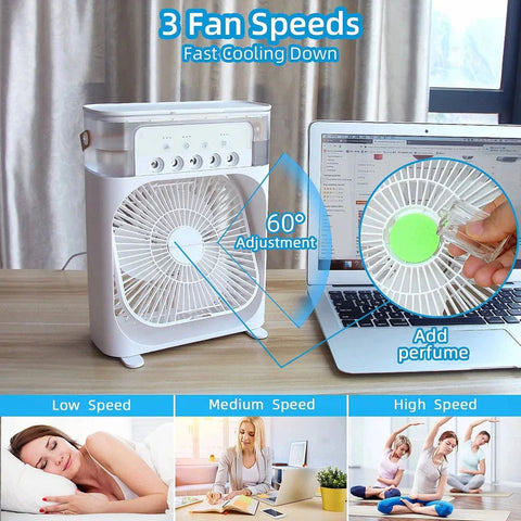 3-in-1 Portable Mini AC Cooler Fan - USB Rechargeable with Ice Mist & LED Light