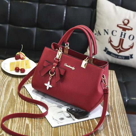 Women's PU Leather Handbag - Bow Charm Shoulder Crossbody Bag